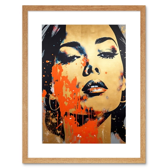 Gold Beauty Woman Face with Earrings Red Splat Paint Linocut Portrait Teen Room Artwork Framed Wall Art Print 9X7 Inch