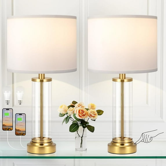 Gold Bedroom Lamps Set of 2 - Touch Bedside Lamp for Night Stands with USB C+A, 3 Way Dimmable Nightstand Table Lamps for Living Room, Modern Glass Lamp for Bed Side Guest Room