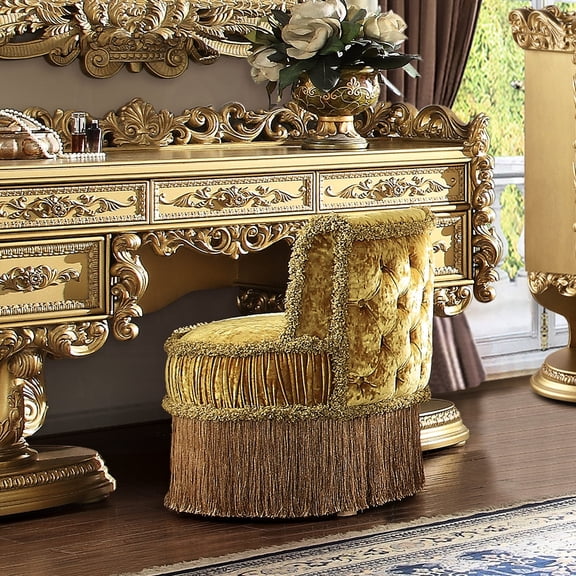Gold Bedroom Vanity Stool | Evokes French Rococo Aesthetic | Diverse Decor and Materials | Button Tufted Back for Style