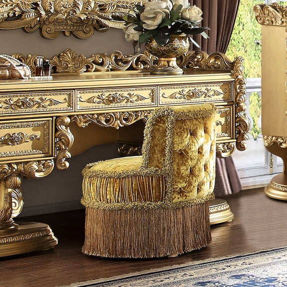 Gold Bedroom Vanity Stool with Tufted Back | Inspired by 18th Century France | Diverse Materials | Comfortable Seating Option