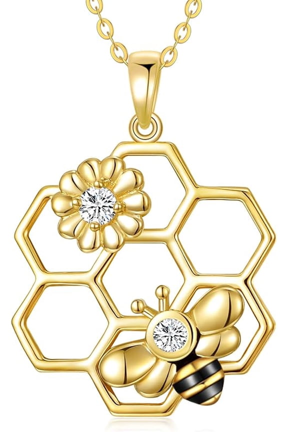 Gold Bee Necklace Gifts for Mom Women 14k Yellow Gold Honeycomb Honey Bee Pendant Necklaces Love Heart Jewelry Gifts for Women Her Wife