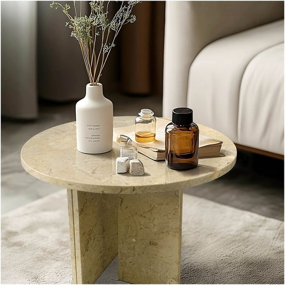 Gold Beige Marble Coffee Table with Metal Base, Round Accent Table for Living Room, Natural Stone Center Table, Luxury Designer End Table