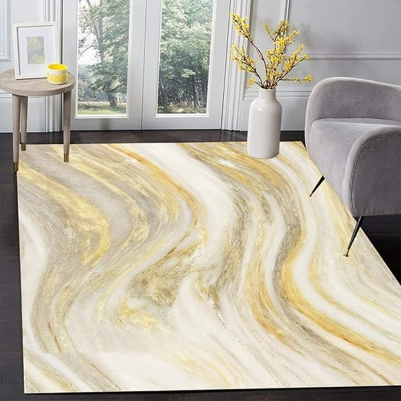 Gold Beige Marble Swirl Area Rug, Modern Abstract Living Room Rug, Large Area Rug With Non-Slip Backing Machine Washable Carpet For Living Room Bedroom Interior Office 5 x 8ft