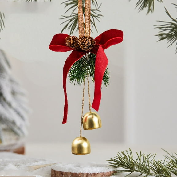 Gold Bells with Bow Christmas Ornamentt with Red Bows & Bells, Pinecones, 30x9cm Hanging Decor for Tree and Holiday Displays, Festive Hanging Pendant