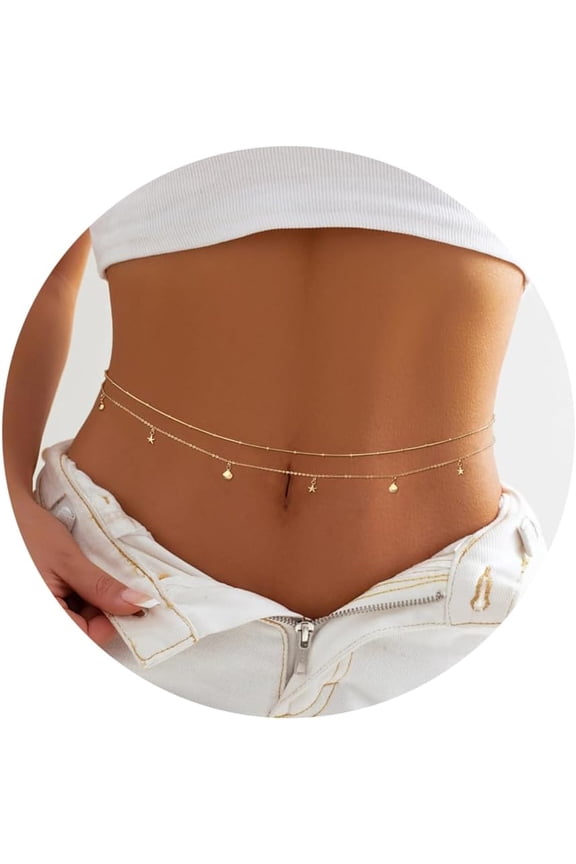 Gold Belly Chains Waist Chains for Women Waterproof Stainless Steel Pearl Beaded Seashell Starfish Body Chain Belly Necklace Bracelet Stomach Jewelry Chain 26"-43"