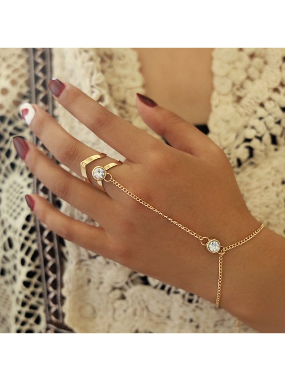 Gold Big Crystal Ring Bracelet for Women Wrist Chain Jewelry Hand Back Chain