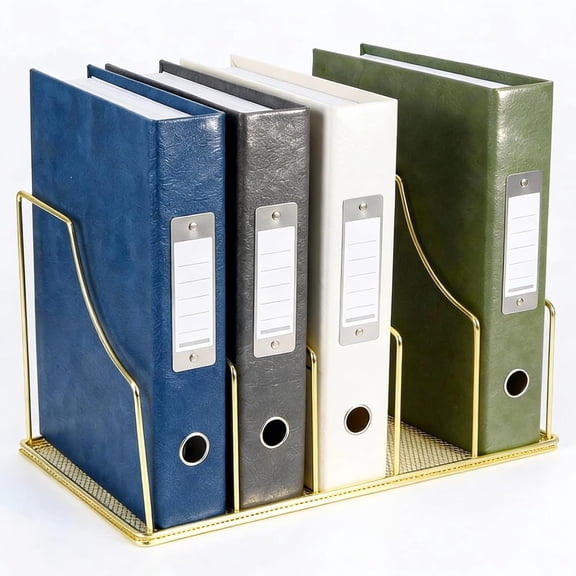 Gold Binder Organizer for Desk, 5 Slot Metal Wire Vertical File Sorter with Mesh Bottom, Large Desktop Magazine Holder Rack 2 Inch Binders, Medical Coding Books, Vinyl Records, 12.1"
