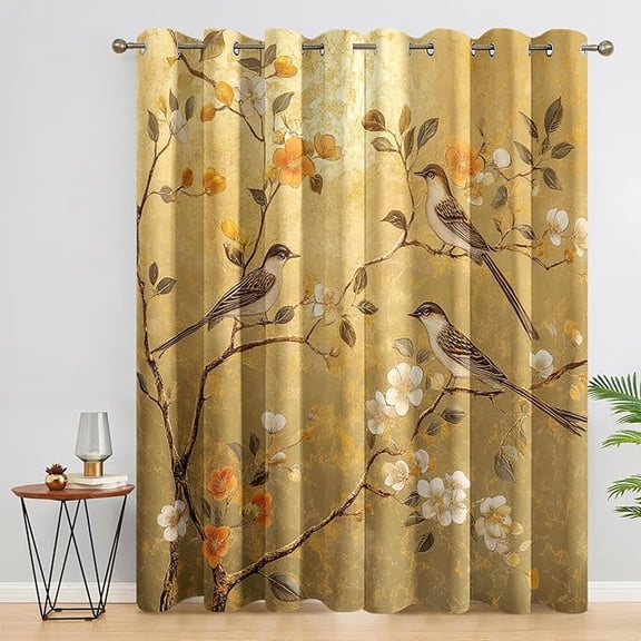 Gold Bird Blackout Curtains for Bedroom Decor, Vintage Oriental Asian Floral Tree Branch Pattern Design Blackout Drapes, Gold Bird Curtain for Living Room 42"W x 63"L (Pack of 2)