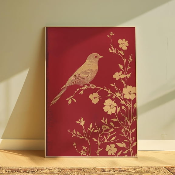 Gold Bird Floral Vintage Wall Art, Unframed Canvas Size 12x18