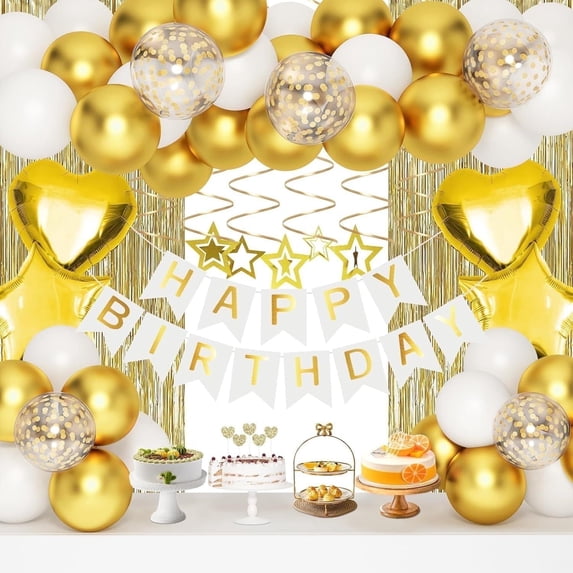 AlphaGeek White Gold Birthday Party Decorations for Women, Happy Birthday Banner, Gold Fringe Curtain, Heart Star Foil Confetti Balloons, Hanging Swirls