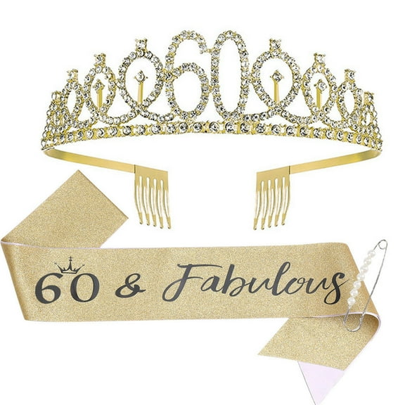 Gold Birthday Sash & Set - Glitter Fabric/Rhinestone, Adjustable/One Size, for Women's 16th-70th Birthday