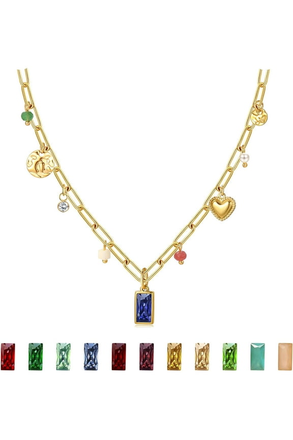 Gold Birthstone Necklace For Women,14K Gold Plated Necklace,Dainty Red Blue Green Diamond Necklace 12 Month Birthstone Jewelry Birthday Gifts For Women[o7774]