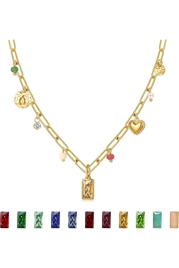 Gold Birthstone Necklace For Women,14K Gold Plated Necklace,Dainty Red Blue Green Diamond Necklace 12 Month Birthstone Jewelry Birthday Gifts For Women[o7778]