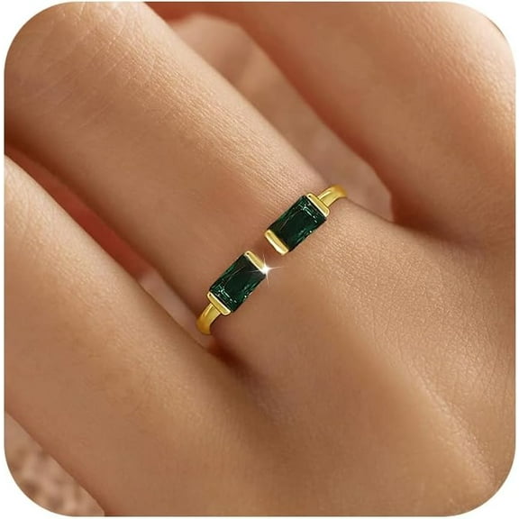 Gold Birthstone Rings for Women Non Tarnish Dainty 14K Gold Plated 925 Sterling Silver Stackable Baguette Cubic Zirconia Gemstone Rings Adjustable Rings Back to School Jewelry Birthday Gifts