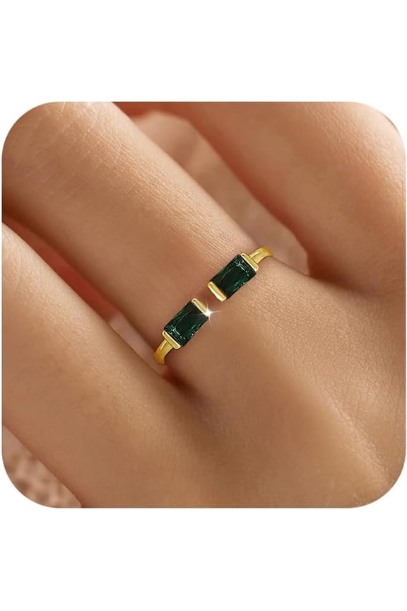 Gold Birthstone Rings for Women Non Tarnish Dainty 14K Gold Plated 925 Sterling Silver Stackable Baguette Cubic Zirconia Gemstone Rings Adjustable Rings Back to School Jewelry Birthday Gifts