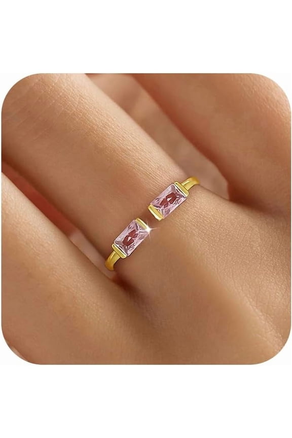 Gold Birthstone Rings for Women Non Tarnish Dainty 14K Gold Plated 925 Sterling Silver Stackable Baguette Cubic Zirconia Gemstone Rings Adjustable Rings Back to School Jewelry Birthday Gifts