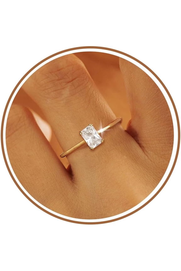 Gold Birthstone Rings for Women Non Tarnish Dainty 14K Gold Plated Stackable Rings CZ Emerald Baguette Gemstone Rings for Mother Daughter Birthday Handmade Jewelry Gifts Size 6 7 8 9 10