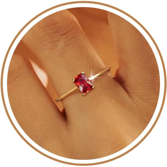 Gold Birthstone Rings for Women Non Tarnish Dainty 14K Gold Plated Stackable Rings CZ Emerald Baguette Gemstone Rings for Mother Daughter Birthday Handmade Jewelry Gifts Size 6 7 8 9 10