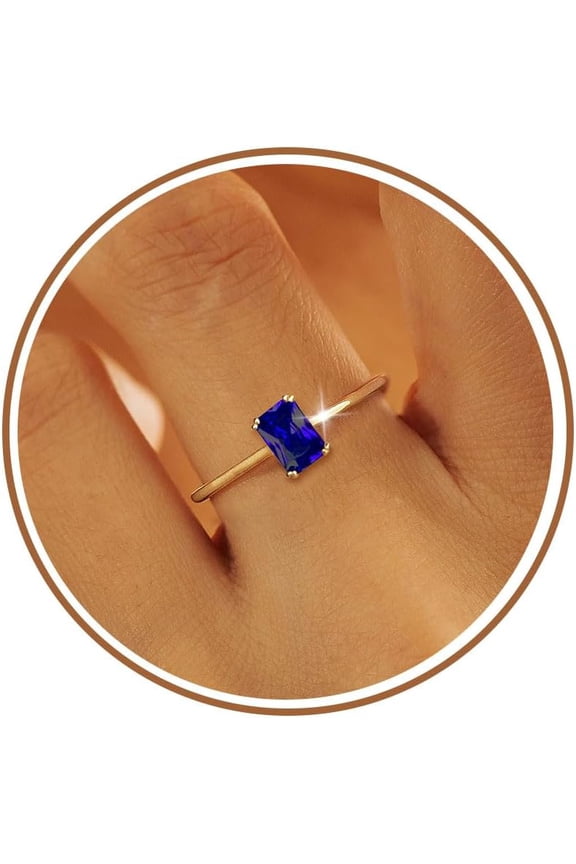 Gold Birthstone Rings for Women Non Tarnish Dainty 14K Gold Plated Stackable Rings CZ Emerald Baguette Gemstone Rings for Mother Daughter Birthday Handmade Jewelry Gifts Size 6 7 8 9 10