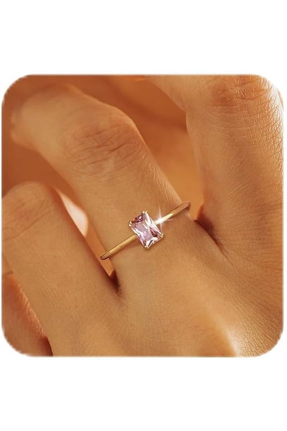 Gold Birthstone Rings for Women Non Tarnish Dainty 14K Gold Plated Stackable Rings CZ Emerald Baguette Gemstone Rings for Mother Daughter Birthday Handmade Jewelry Gifts Size 6 7 8 9 10