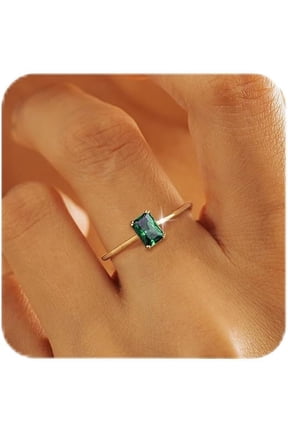 Gold Birthstone Rings for Women Non Tarnish Dainty 14K Gold Plated Stackable Rings CZ Emerald Baguette Gemstone Rings for Mother Daughter Birthday Handmade Jewelry Gifts Size 6 7 8 9 10