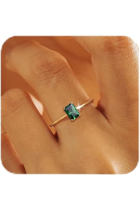 Gold Birthstone Rings for Women Non Tarnish Dainty 14K Gold Plated Stackable Rings CZ Emerald Baguette Gemstone Rings for Mother Daughter Birthday Handmade Jewelry Gifts Size 6 7 8 9 10