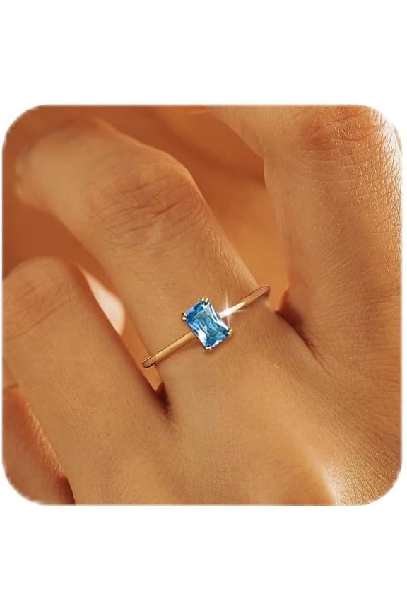 Gold Birthstone Rings for Women Non Tarnish Dainty 14K Gold Plated Stackable Rings CZ Emerald Baguette Gemstone Rings for Mother Daughter Birthday Handmade Jewelry Gifts Size 6 7 8 9 10