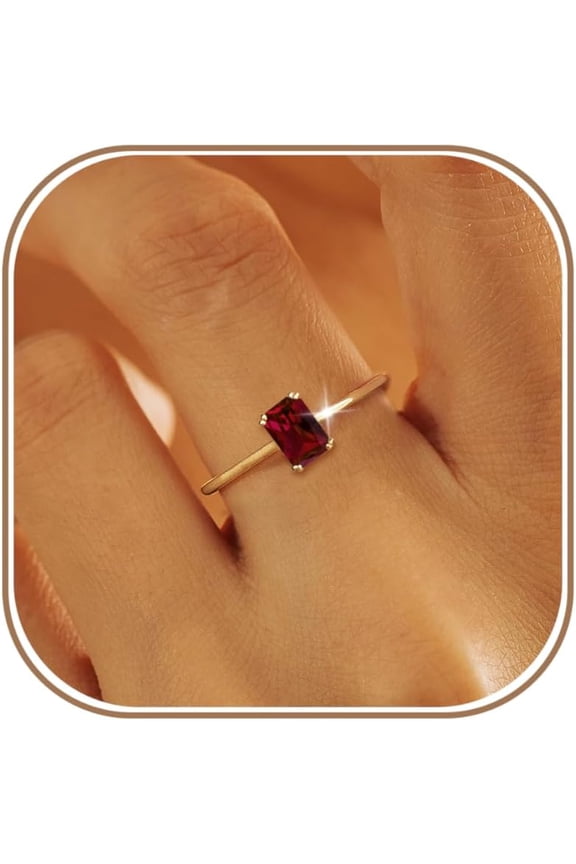 Gold Birthstone Rings for Women Non Tarnish Dainty 14K Gold Plated Stackable Rings CZ Emerald Baguette Gemstone Rings for Mother Daughter Birthday Handmade Jewelry Gifts Size 6 7 8 9 10