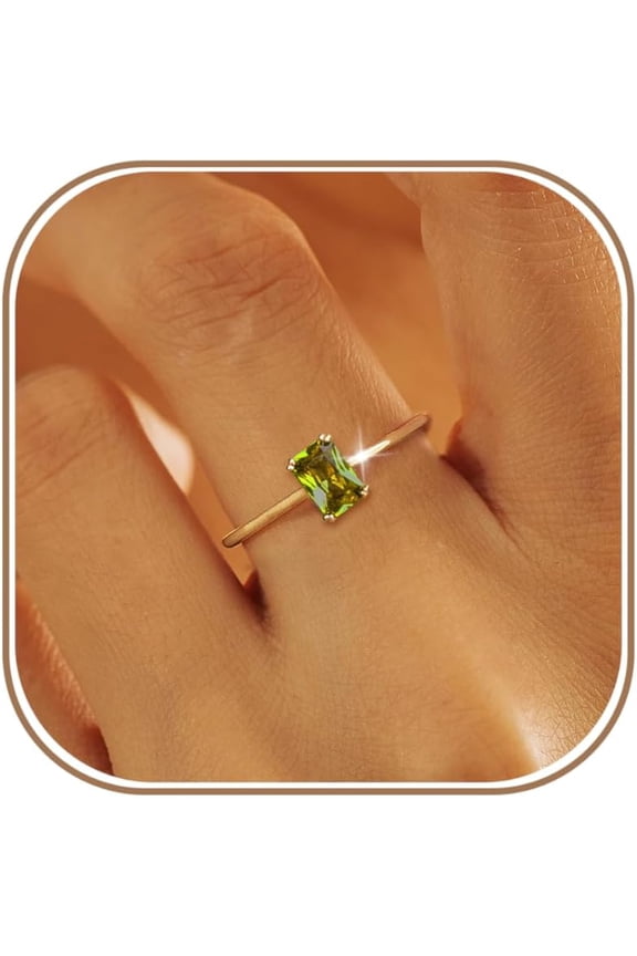 Gold Birthstone Rings for Women Non Tarnish Dainty 14K Gold Plated Stackable Rings CZ Emerald Baguette Gemstone Rings for Mother Daughter Birthday Handmade Jewelry Gifts Size 6 7 8 9 10
