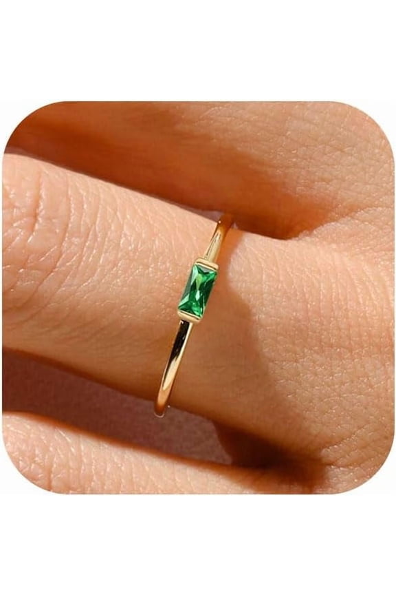 Gold Birthstone Rings for Women Non Tarnish Gold Stackable Ring Dainty 14K Gold Plated Baguette CZ Emerald Green Gemstone Ring Personalized Jewelry Gift for Birthday Size 4-10
