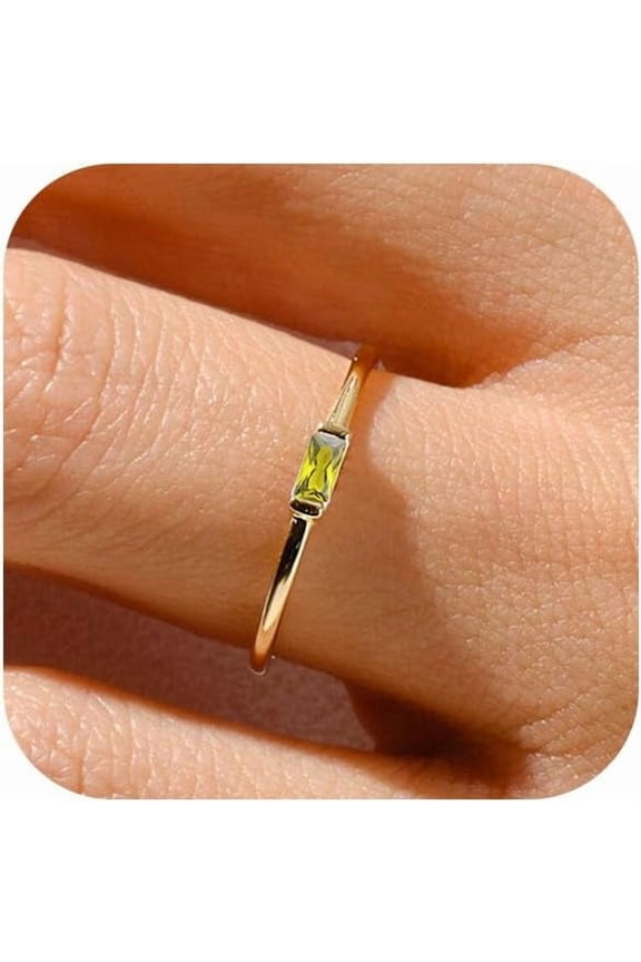 Gold Birthstone Rings for Women Non Tarnish Gold Stackable Ring Dainty 14K Gold Plated Baguette CZ Emerald Green Gemstone Ring Personalized Jewelry Gift for Birthday Size 4-10