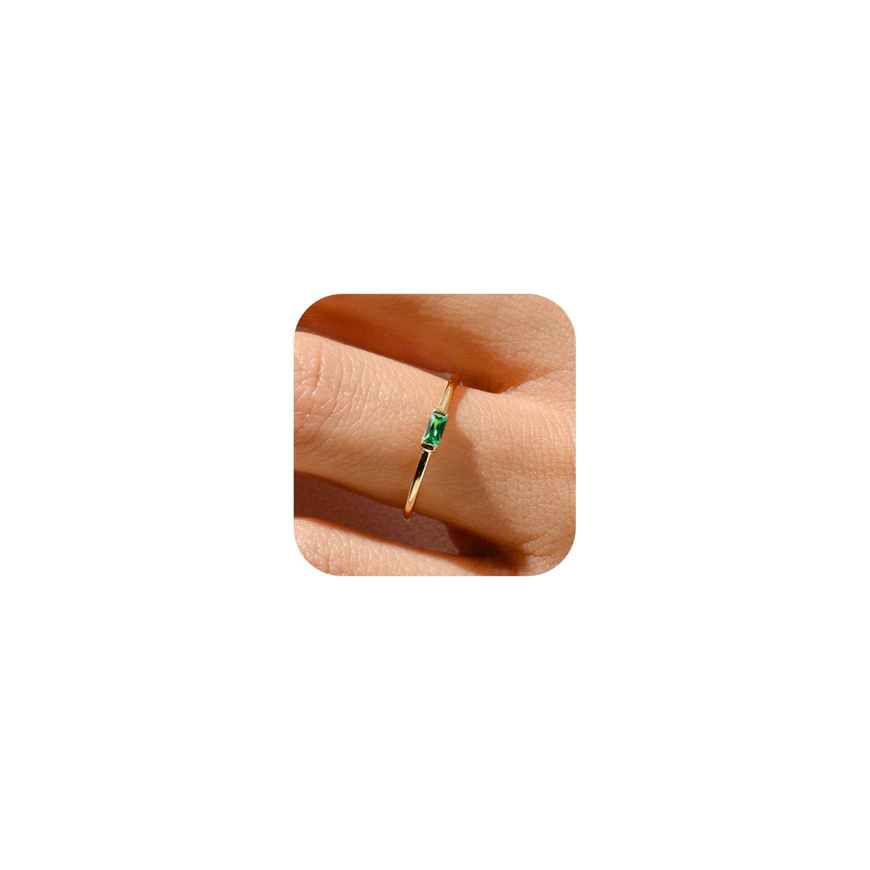 Dainty Birthstone Ring For Women – 14K Gold Plated, Baguette CZ Emerald Green Gemstone, Stackable, Sizes 6-10