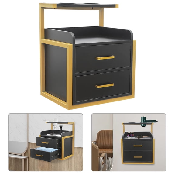 Gold & Black 2-Drawer Wall Mounted Salon Cabinet 40x30x48cm Storage Organizer for Bathroom, Spa, Locker Room