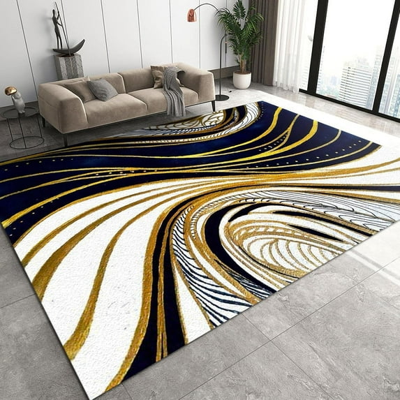 Gold Black Abstract Lines Area Rug, Modern Vortex Light Luxury Indoor Carpet, Washable Soft Durable Comfortable Non-Slip for Living Room Bedroom Dining Room Study Hallway Decor 4x5ft