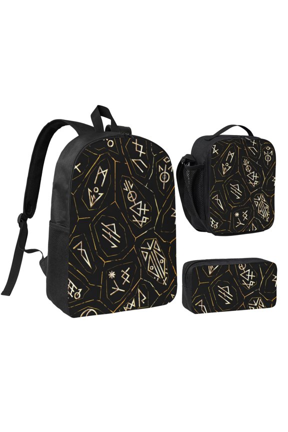 Gold Black Ancient Runes 17-inch Laptop Backpack 3-Piece Set with Insulated Lunch Bag and Accessory Pouch, Rucksack for Teens Adults