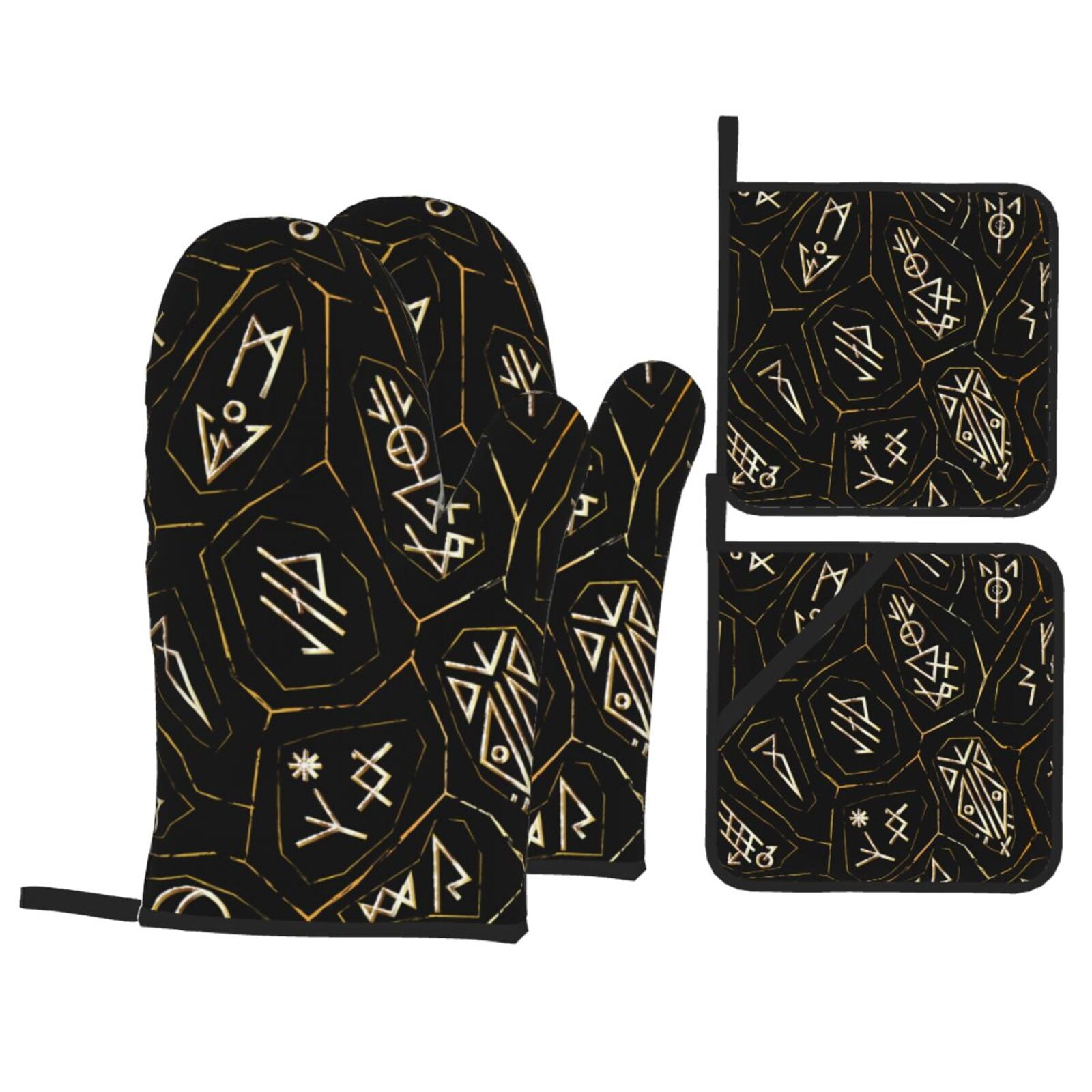 Gold Black Ancient Runes 4Pcs Oven Mitts and Pot Holders Sets Oven Kitchen Gloves Hot Pads for Cooking BBQ Baking Grilling