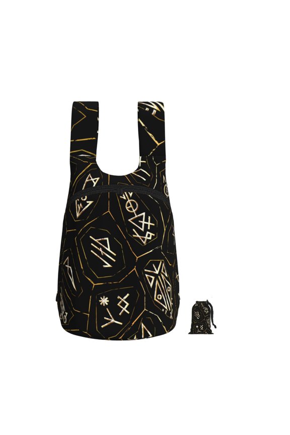 Gold Black Ancient Runes Foldable Storage Backpack Lightweight Packable Travel Daypack for Shopping Commuting Hiking