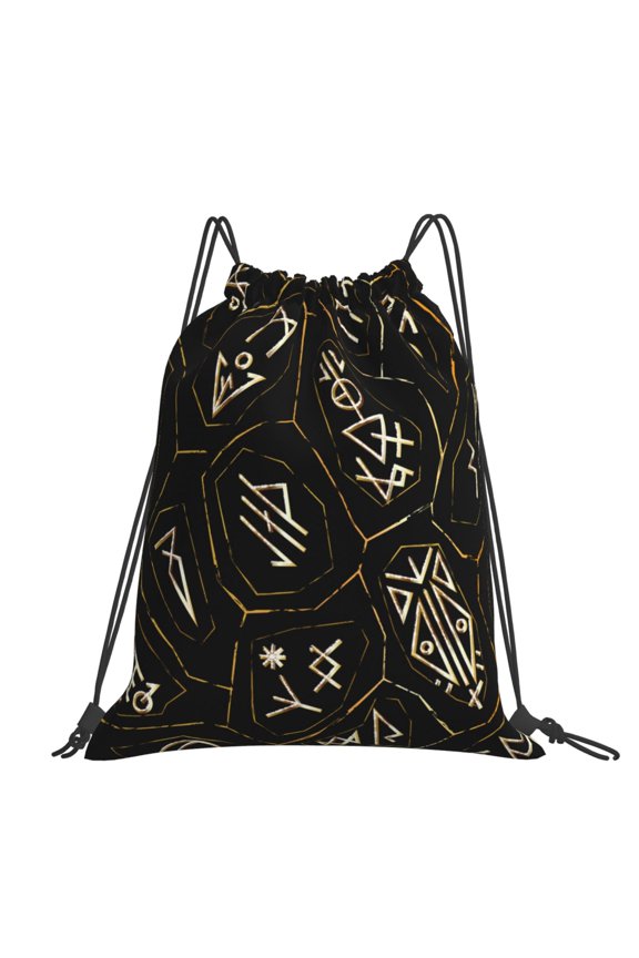 Gold Black Ancient Runes Large Drawstring Backpack Casual Cinch Sack Bag Backpack for Sports Hiking Travel Gym