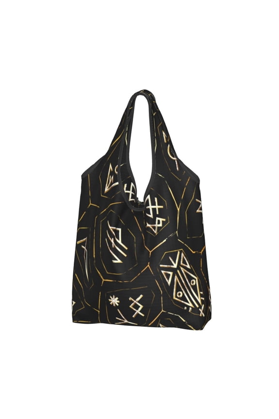 Gold Black Ancient Runes Reusable Grocery Bags Shopping Totes Foldable Washable Pouch Handbag Storage Bag