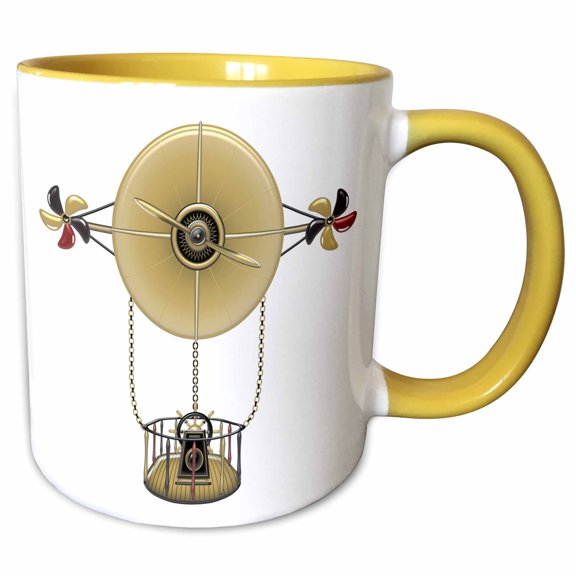 3drose, Gold, Black, and Red Steampunk Flying Machine, 11oz Two-tone Yellow Mug