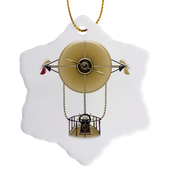 3drose, Gold, Black, and Red Steampunk Flying Machine, 3 inch Snowflake Porcelain Ornament