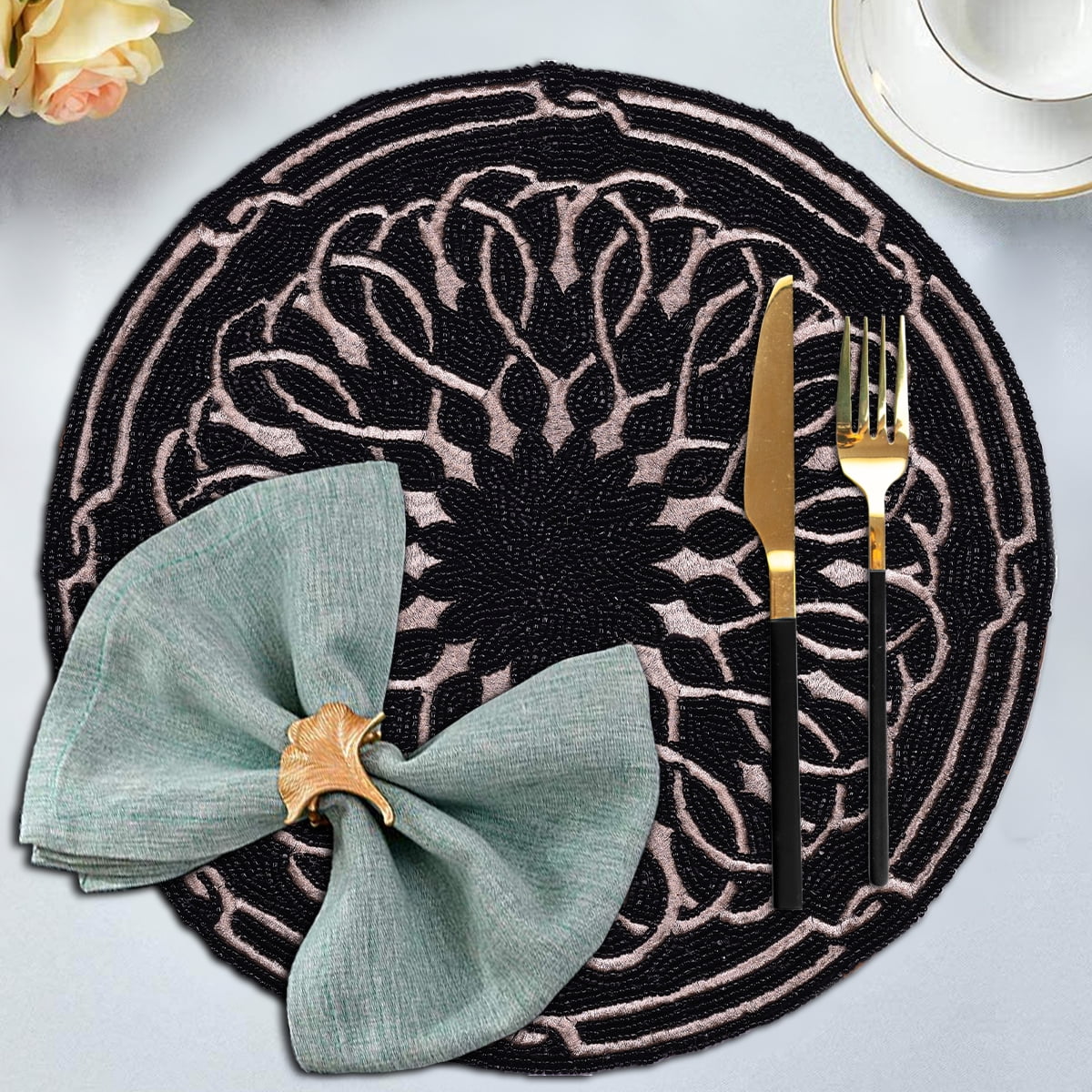 Gold Black Beaded Placemats Set of 2 for Dining Coffee Table Scratch