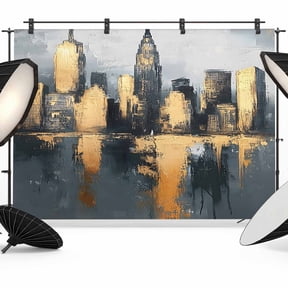 Gold Black Building Backdrop for Photoshoot,Photography Photo Studio Background Wall Backdrop,Modern Chic City Oil Painting Back Drop Banner Panel for Portraits Wedding Party Live Streaming 8x6Ft