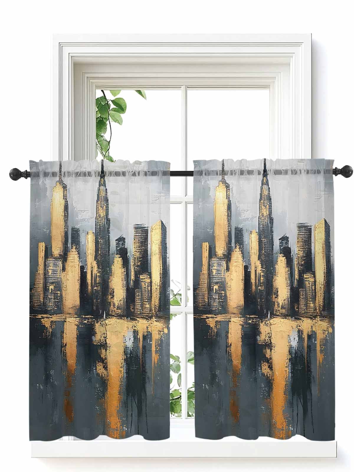 Gold Black Building Curtains 45 Inch Length, Sheer Curtains for Bedroom ...