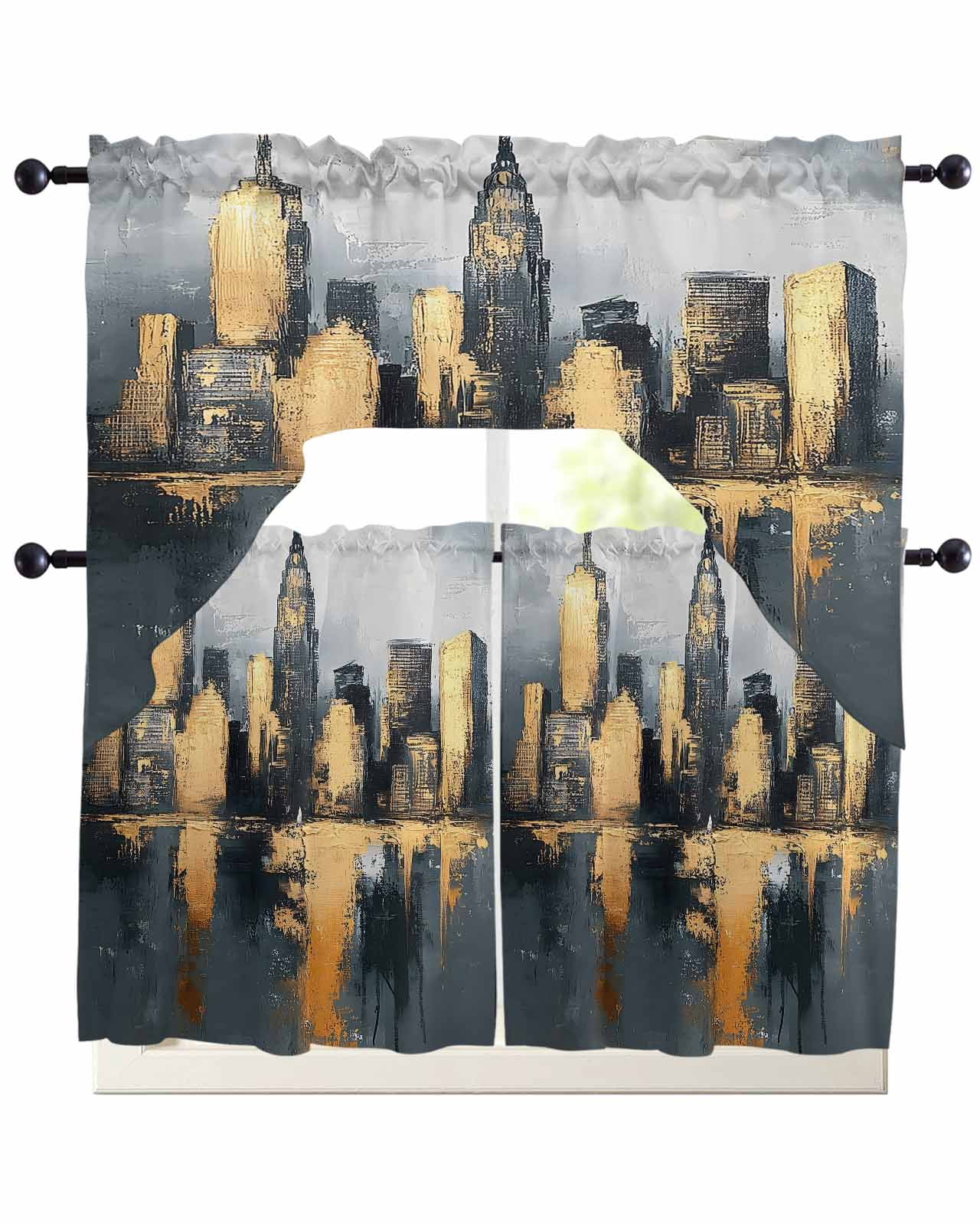 Gold Black Building Kitchen Curtains Swag Valance and Tier Curtains Set ...