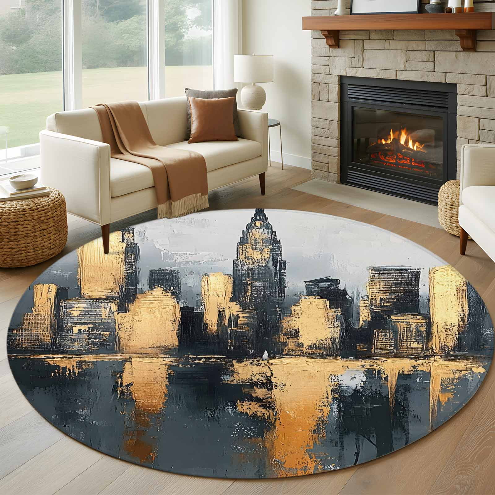 Gold Black Building Round Area Rug 6 FT, Non Slip Bedroom Rugs, Modern ...