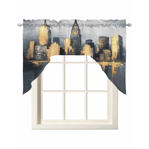 Gold Black Building Swag Valances for Windows, Small Curtains Drapes, Modern Chic City Oil Painting Kitchen Window Curtains Over Sink Rod Pocket Window Treatment Valance for Bedroom/Bathroom 56"x36"