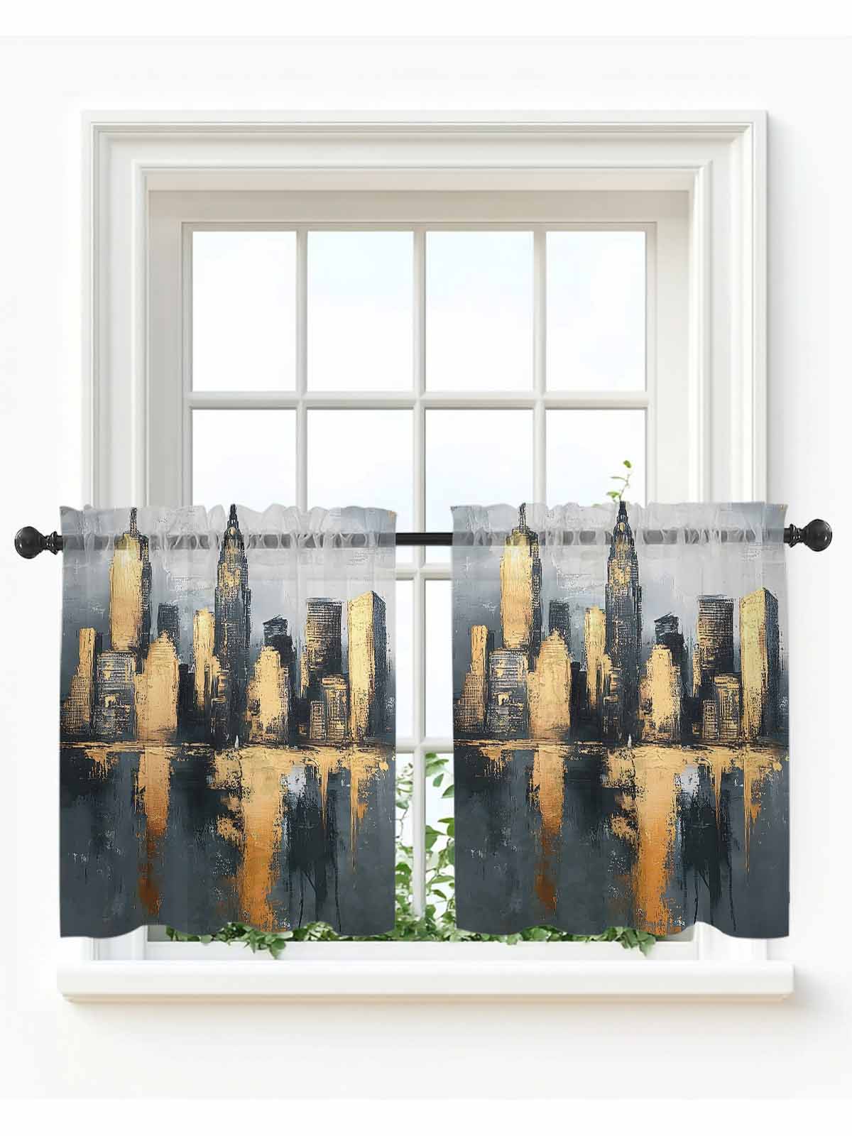 Gold Black Building Tier Curtains 24 Inch Length,Sheer Curtains for ...