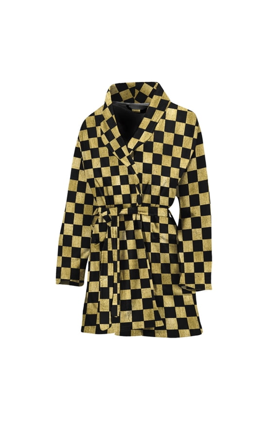 Gold And Black Checkered Pattern Women Bathrobe One Size Univeral Fits, Checkered Caro Plaid Tartan Fashion Lightweight Plush Fleece Long Robe For Women