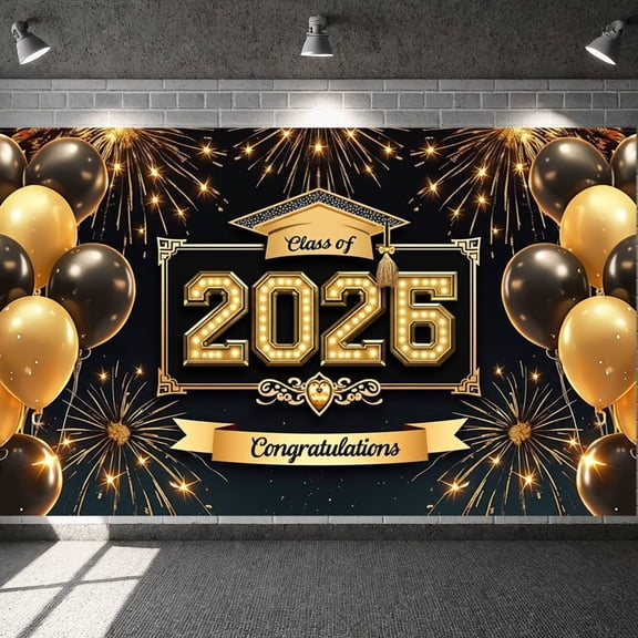 Gold & Black Class of 2026 Banner Graduation Backdrop Glitter Graduation Display for High School Graduation Party College Graduation Ceremony Photo Shoot